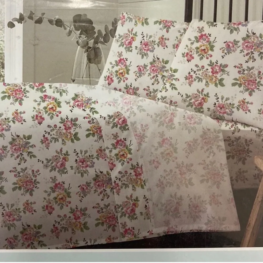 Cath Kidston King Sheet Set Button Rose Raspberry 100% Flannel Brushed Cotton